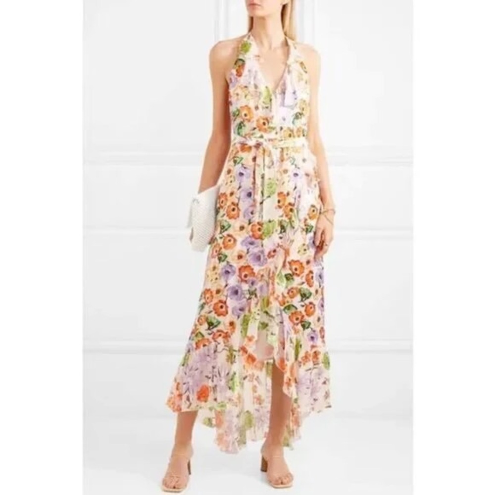 Alice + Olivia Floral Emelia Halter Ruffle Maxi Silk and Velvet